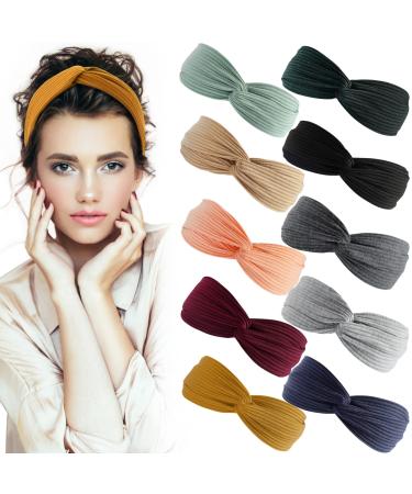 S&N Remille Headbands for Women Boho Headbands Vintage Criss Cross Headwraps Solid Color Head Bands,Elastic Head Wraps for Yoga Workout Hair Accessories 10 Pack Set 1
