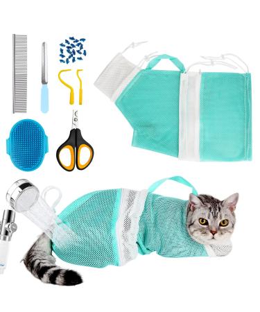 Cat Bag for Bathing 8 PCS Set with Cat Shower Net Bag Adjustable Pet Grooming Brush Nail Clipper Nail File Hair Combs Tick Tool Nail Caps, Nail Trimming Bath Cleaning Supplies Kit for Cats & Dogs Green