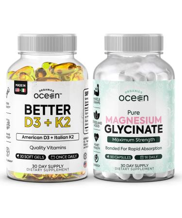 Organics Ocean Muscle Bone Heart & Sleep Wellness Bundle Chelated Magnesium Glycinate with Zinc & VIT D3 and K2 Supplements for Muscle Function Calcium Absorption & Vascular Health