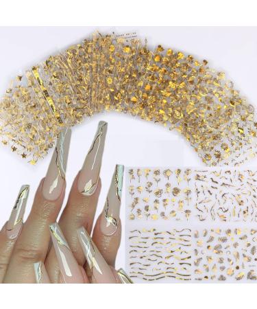 30 Sheets Gold Nail Stickers 3D Self-Adhesive Nail Decals Flower Line Lace Leaf Design Nail Art Stickers for Nail Art for Acrylic Nails DIY Nail Supplies for Women Girls