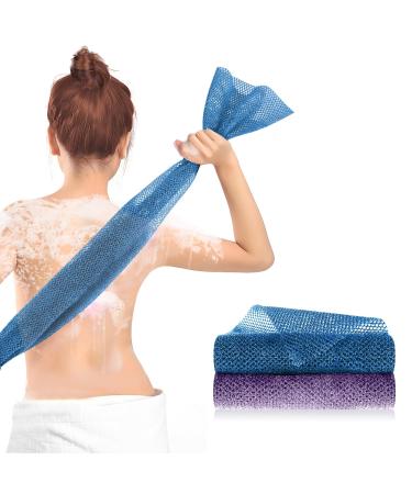 2 Pieces African Net Sponge African Exfoliating Net for Body Premium Nylon African Wash Net Shower Body Scrubber Back Scrubber Skin Smoother Long Net Bath Sponge for Daily Use (Blue+Purple)