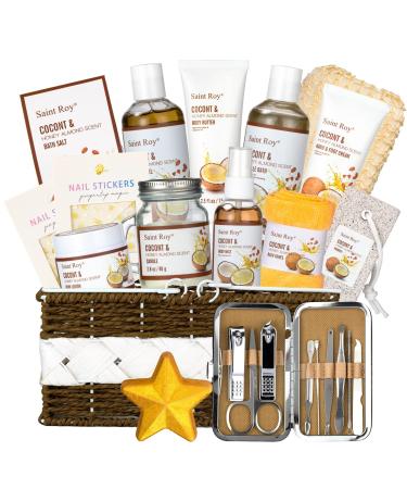 Coconut & Honey Almond Beauty Personal Relaxing Care Gift Set For All Shower Bath Kit Home Bath Pampering Package Large size Luxury Bath and Body At Home Spa Kit Mothers Day Gift Bath Baskets