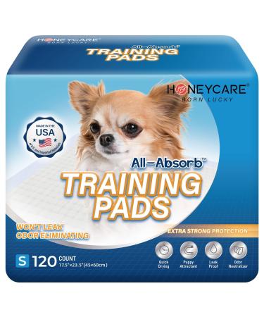 Honey Care All-Absorb, Small 17.5" x 23.5", 120 Count, Dog and Puppy Training Pads, Ultra Absorbent and Odor Eliminating, Leak-Proof 5-Layer Potty Training Pads with Quick-Dry Surface , Blue, A05