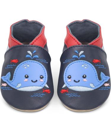Dotty Fish Soft Leather Baby Shoes | Non Slip Toddler Shoes | Animal Designs for Boys/Girls | Navy Whale | 0-6 Months - 4-5 Years - Buy Online on GoSupps.com