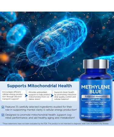 Methylene Blue (USP Grade) Pharma Grade Supplements for Brain Health with Added Vitamin C Ester for Enhanced Absorption Brain Supplement Memory Focus Clarity Cognitive Energy 60 Capsules - Buy Online on GoSupps.com