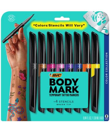 BodyMark by BIC, Temporary Tattoo Marker, Skin Safe, Flexible Brush Tip, Long-Lasting, Assorted Colors, 8-Pack (Colors/Stencils Will Vary) 8 Piece Set Color Collection
