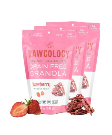 Rawcology - Strawberry with Beet Root Organic Granola | Grain Free Granola | Gluten Free Granola | Healthy Cereal | Vegan Low Sugar Keto Paleo Peanut Free NON-GMO Allergen Friendly (3 x 200g)