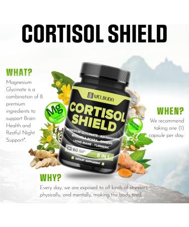 WELBUDA 8in1 Cortisol Shield - Ashwagandha and Magnesium Rhodiola Rosea Lions Mane Gingsen and 3 More - Relaxation & Restful Night Support & Mood Balance - 60 Count - Buy Online on GoSupps.com