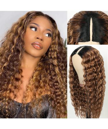 Smilenice Honey Blonde V Part Wig Human Hair No Leave Out Deep Wave 4/27 Highlight V Part Wig Human Hair Time-saving And Skin-protective Curly Glueless Wigs For Black Women 20 inch 20 Inch honey blonde deep V part wig