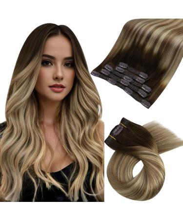 Moresoo clip extensions real hair balayage clip in extensions real hair Remy real hair extensions clip ombre brown to light brown with gold blond #3/8/22 5pcs 80g 25cm thick hair twice 25 cm #3/8/22