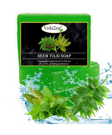 Neem Tulsi Handmade Soap Bars 125g Each Herbal Natural Neem Tulsi Soap for Removing Dirt Impurities Reducing Acne & Blackheads Set of 3