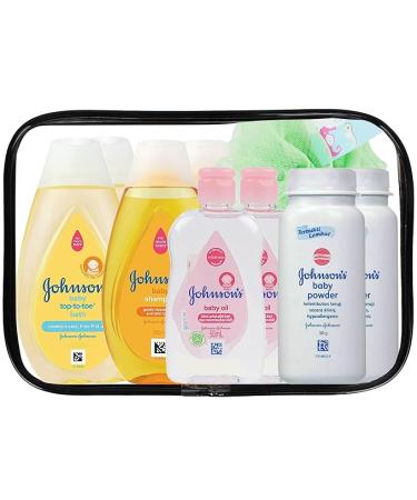 Johnson's Baby Bath Essentials Travel Kit - 9 Piece TSA Approved Toiletries Set with Shampoo  Body Wash  Baby Powder  and Oil - Bonus Loofah Included - Buy Online on GoSupps.com