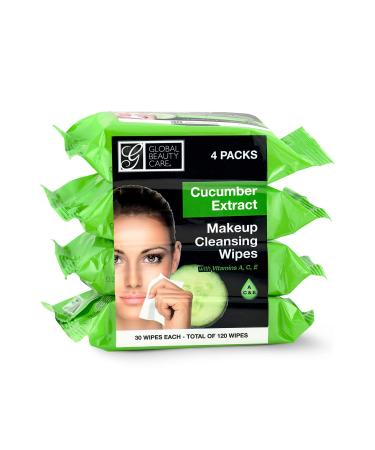 Global Beauty Care Cleansing Makeup Removal Wipes Bulk - Great for travel toiletries - 120 Count (4-Pack) (Cucumber)