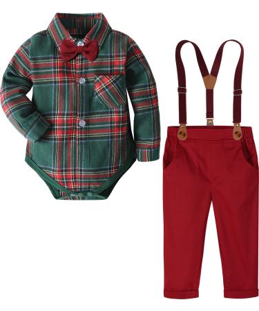 mintgreen Baby Boy Suit Wedding Outfit Bodysuit Gentleman Clothing Set Suspender Trousers + Shirt + Bow Tie 3-6 Months Green Red
