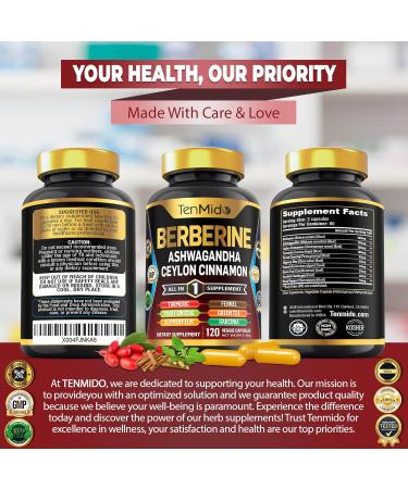 Tenmido Berberine Supplement - 10in1 Formula with Ashwagandha Ceylon Cinnamon Turmeric Panax Ginseng Slippery Elm Fennel Green Tea & More - Immune Digestive Support - 120 Caps - Buy Online on GoSupps.com