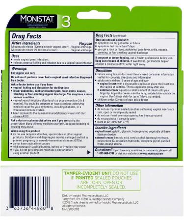 Monistat 3 Vaginal Antifungal 3-Day Treatment Ovule Inserts 0.32oz (Pack of 1) - Buy Online on GoSupps.com