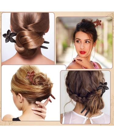 Noverlife 2PCS Handcrafted Ebony Sandalwood French Style U-Shaped Hair Forks with Flower Design - Elegant Updo Chignon Pins for Women and Girls - Buy Online on GoSupps.com