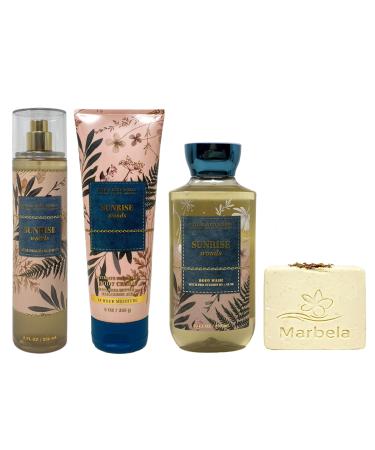 Bath & Body Works Sunrise Woods - Fine Fragrance Mist - Ultimate Hydration Body Cream - Body Wash with a Creamy Rose Bar Soap