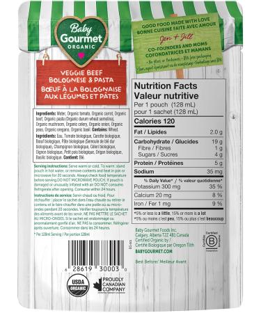 Baby Gourmet Organic Meals - Veggie Beef Bolognese & Pasta - Non-GMO BPA-Free No Added Sugar Or Salt No Fillers Or Thickeners 128ml - 16 Pack - Buy Online on GoSupps.com