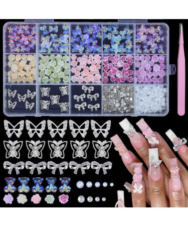 Assorted 3D Nail Charms Gems Alloy Butterfly Bows Nail Gems+Color Mixed Camellia Rose Flower Nail Charms Gummy Bear Candy Nail Charms Mix Size AB Rhinestones Nail Gems Pearls for Nail Art DIY