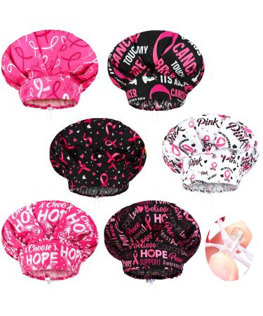 6 Pcs Breast Cancer Awareness Bouffant Caps with Buttons Adjustable Scrub Hat Breathable Sweatband Tie Back Cap for Women Men Cute Style