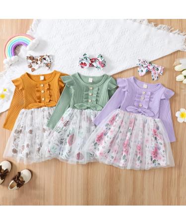 Haokaini Toddler Baby Girls Floral Ruffle Sleeve Cotton Dress Set | Princess Tutu Skirt | Green | 2-3 Years - Buy Online on GoSupps.com