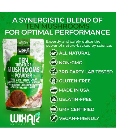 Wixar Mushroom Powder - 10 Mushroom Extract Blend for Coffee & Smoothies - Lions Mane, Turkey Tail, Reishi, Chaga, Shiitake, Cordyceps - 4oz Supplement - Buy Online on GoSupps.com