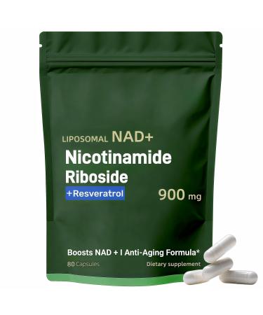 Boqiao NAD+ Supplement - Nicotinamide Riboside & Resveratrol 900mg Fast-Absorbing Cellular Renewal Capsules for Energy Anti-Aging & Brain Health 80 Capsules