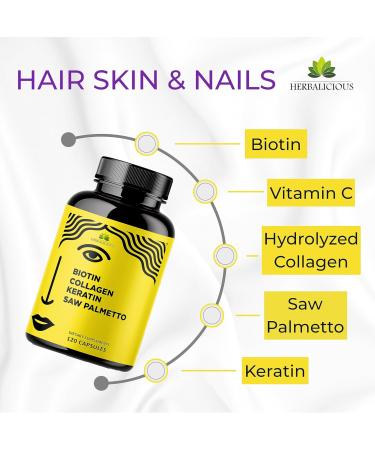 HERBALICIOUS Biotin Collagen Keratin Capsules with Saw Palmetto Hair Skin Nails Support Formula with Vitamin C 10 000 mcg Biotin Made in USA 120 Capsules - Buy Online on GoSupps.com