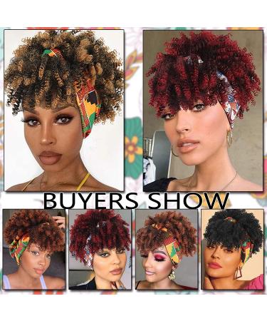 Short Curly Headband Wig for Black Women | Red Head Wrap Afro Kinky Curly Wig | Ombre Burgundy Synthetic Hair Wig with Scarf - Buy Online on GoSupps.com