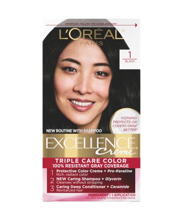 L'Oreal Paris Excellence Creme Permanent Triple Care Hair Color  1 Black  Gray Coverage For Up to 8 Weeks  All Hair Types  Pack of 1 1 Count (Pack of 1) 1 Black