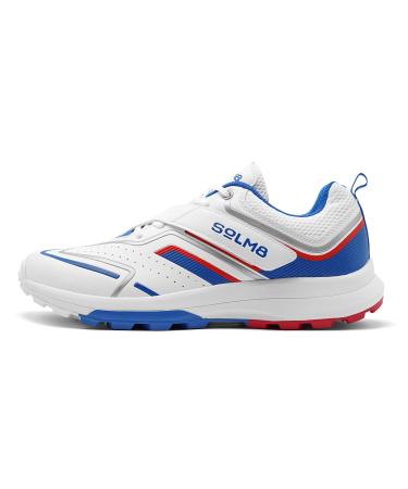 SOLM8-Cricket Shoes for Men Rubber Spikes, All Round Performance Footwear for Turf & Grass (Available in Blue Red and Navy Teal) 11 Blue Red
