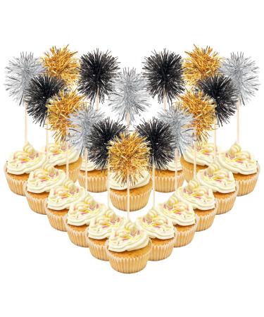 Fumwase 120 Pcs Firework Cupcake Toppers Foil Cake Topper Black Gold and Silver Cocktail Fruit Toothpick Sparkle Tinsel Drink Stirrers for Graduation Birthday New Year Anniversary Party Decoration Gold Silver Black