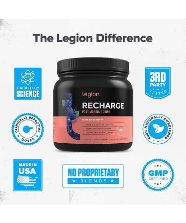 Legion Recharge Post Workout Supplement - Natural Muscle Builder & Recovery Drink with Creatine Monohydrate - Blue Raspberry 60 Serving - Buy Online on GoSupps.com