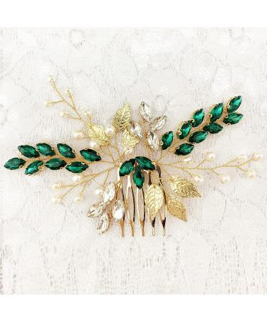 Bride Wedding Hair Comb - Crystal Rhinestone Pearls Silver Leaf Hair Piece, Green Homecoming Party Accessory - Buy Online on GoSupps.com