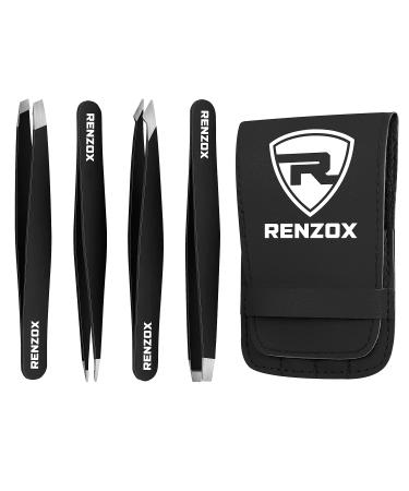 Renzox 4pcs Tweezers for Facial Hair Women & Men Hair Removal Eyebrow Tweezers Professional Stainless Steel Black Color Coated tweezer Set Slanted & Pointed Tip for ingrown Hair with Leather Pouch