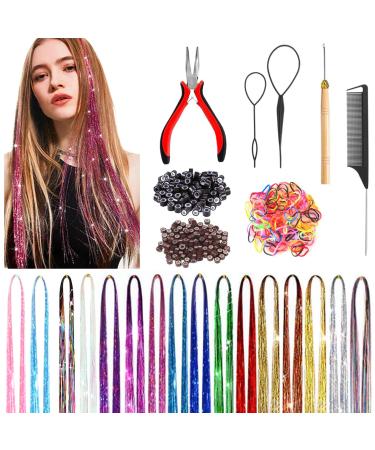 16 Colours 3200 Strands Tinsel Hair Kit Hair Tinsel Extensions Glitter Hair Tinsel Extension 37 Inch Fairy Hair Braiding Accessories Tool for Girls