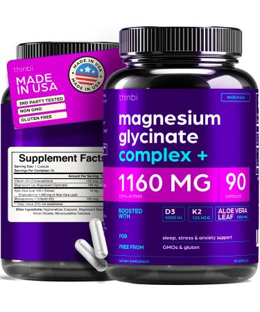 Magnesium Glycinate 1160mg + Aloe Vera D3 & K2 Complex 90 Capsules - High Absorption Non-Laxative - Supports Muscle Function & Healthy Metabolism Chelated Formula