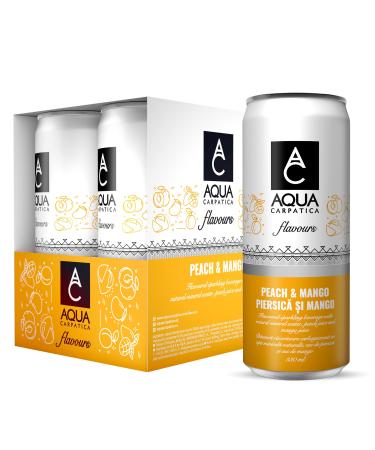 AQUA Carpatica Sparkling Flavours Mango & Peach 330ml x 4 - Natural Fruit Juice Infused Sparkling Water No Added Sugar Naturally Alkaline Sweetened with Agave Syrup Rich in Minerals
