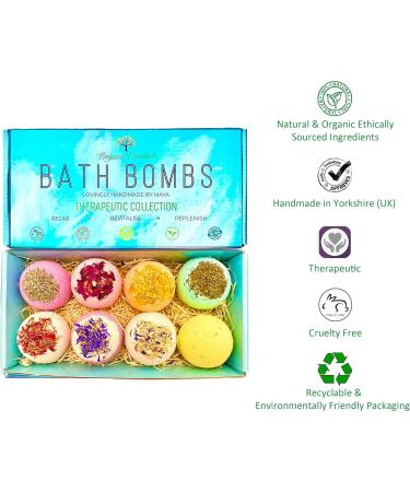 Luxury Therapeutic Organic Bath Bomb Gift Set Natural Essential Oils Enriched with Organic Coconut Oil Cocoa Butter 8 Large Handmade Aromatherapy Bath Fizzies Made in UK - Buy Online on GoSupps.com