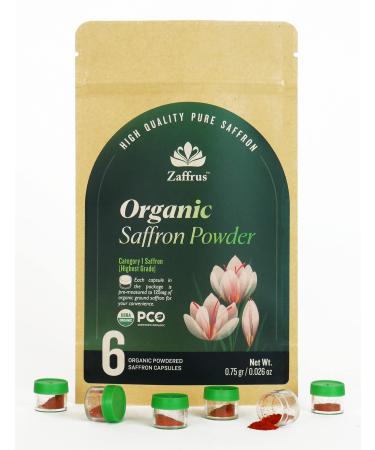Zaffrus - Certified Organic Premium Saffron Powder for Cooking Saffron Rice, Paella, Risotto, Soup, Desserts & Herbal Teas. Pack of 6 ( .75 gram/ .026 Oz) Organic Ground 6 Count