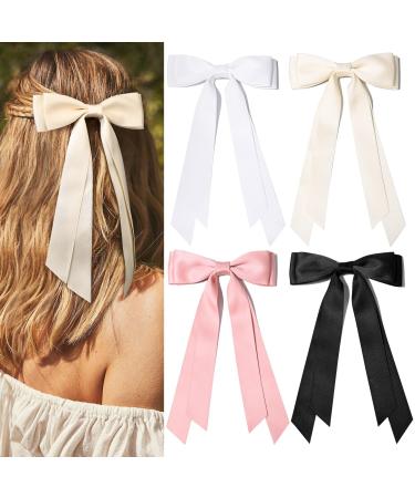 4PCS Hair Bows for Women - Bows for Hair Black Hair Ribbons for girls (Beige/White/Pink/Black)