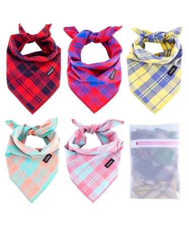 Gofshy Christmas Dog Bandanas-5PCS Birthday Gift Puppy Bandana Vibrant Color Plaid Printing Adjustable Dog Scarf Bib Handkerchief Accessories for Small Medium Large Dog Cat (Bright)-M Red Orange Yellow Green Pink Medium