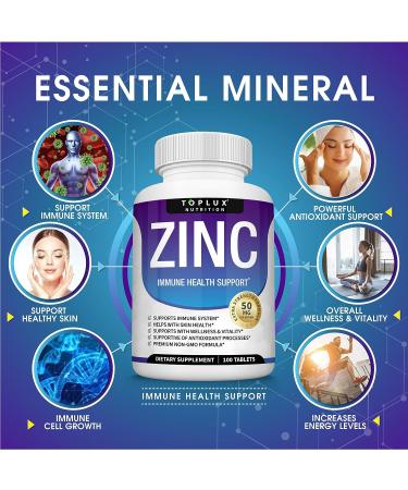 Zinc Supplement 50mg - Pure Natural Zinc Oxide for Immune Support - High Potency Antioxidant & Skin Health - 100 Tablets, Toplux Supplement - Buy Online on GoSupps.com