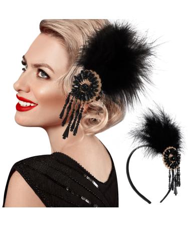 Dilunave Feather Headband Flapper Headpiece 1920s Accessories for Women Vintage Headband with Crystal Accessories for Art Decor Pageant Themed Party