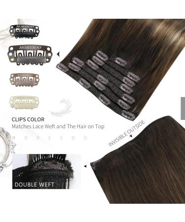 Moresoo 18 Balayage Brown Human Hair Clip in Extensions - Dark Brown to Light Brown with Golden Blonde Ombre | Remy Clip Ins 7Pcs/120g #4/10/16 - Buy Online on GoSupps.com