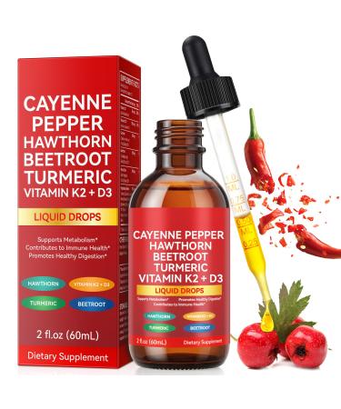 Cayenne Pepper Drops 60ml Cayenne Pepper Hawthorn Beet Root Turmeric Curcumin Vitamin K2 & D3 Gentle Formula Vegan-Friendly Easily Absorbed