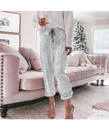 Duohropke Women's Sequin Pants - High Waist Glitter Party Pants Elegant Stretch Leisure Trousers - Silver - Buy Online on GoSupps.com