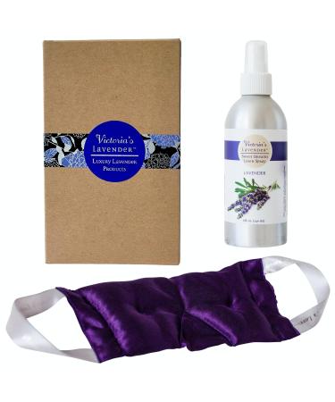 Victoria's Lavender Aromatherapy Eye Mask & Pillow Set - Soothing Lavender Eye Mask for Hot & Cold Relief Weighted Design Silk Mask Lavender Pillow & Linen Spray (8 oz) - (Set of 2) Lavender Linen Spray 8 Ounce & Eye Mask