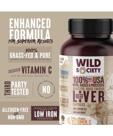 WILD SOCIETY - USA Grass Fed Beef Liver Capsules - 3000mg Max Strength for Energy Stamina Natural Detox Hair & Nail - Non GMO Allergen Free Beef Liver Supplement - 180 Desiccated Capsules - Buy Online on GoSupps.com